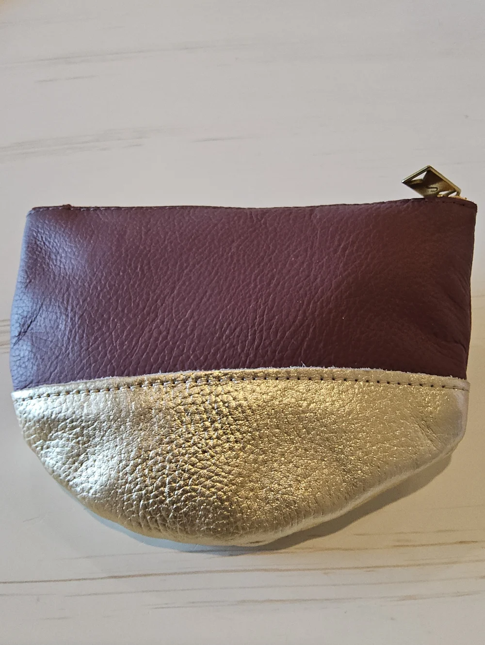 Sseko Burgundy and Gold Leather Cosmetic Pouch